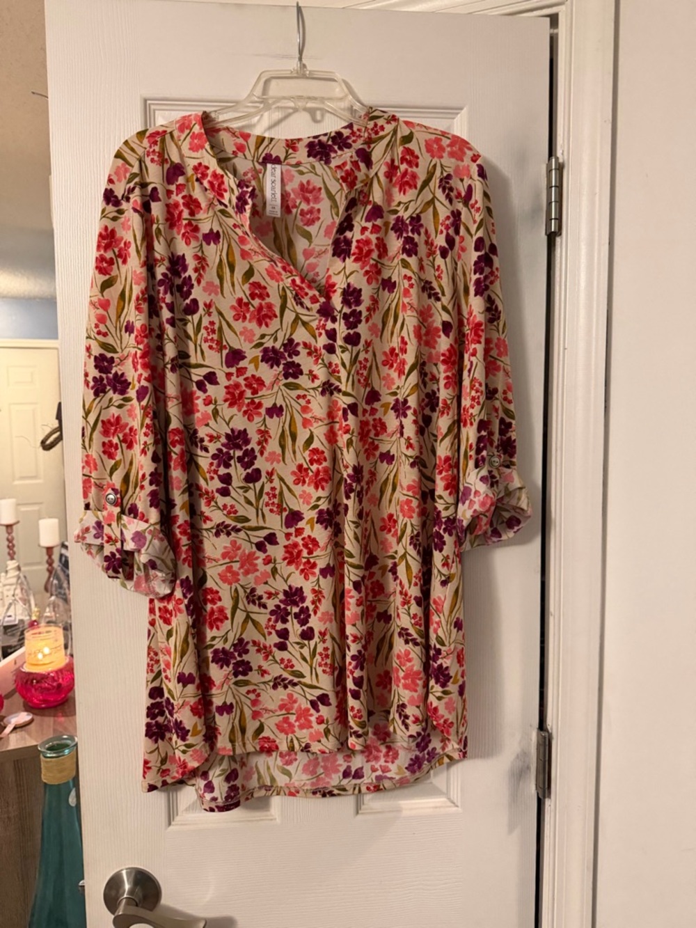 Floral V-Neck Roll-Sleeve Blouse in Cream with Pink & Purple Flowers